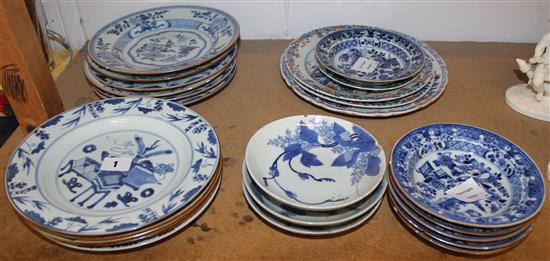 15 various 18th century Chinese blue and white plates, 3 Chinese polychrome plates & 6 blue and white willow pattern saucer dishes